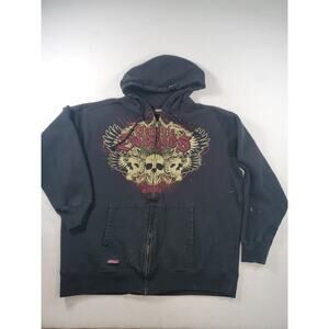 VTG Y2K Dickies Hoodie Mens XL Black Skull Graphic Fleece Sweatshirt Stains